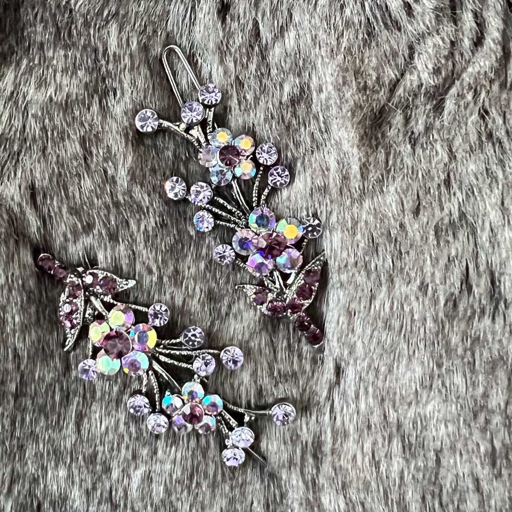 Elegant Silver and Purple Crystal Hair Clips